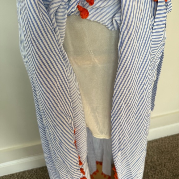 THML Wrap Maxi Dress Women’s Large Blue White Stripe Tribal Fringe Tassels lined - Picture 7 of 10